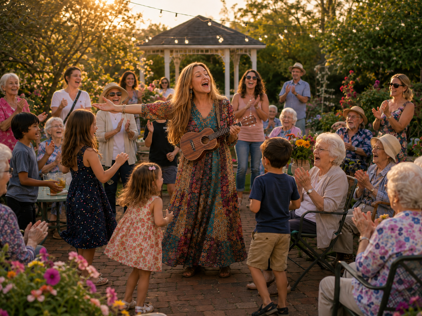 Melanie Stark performing an interactive ukulele program for a senior living community